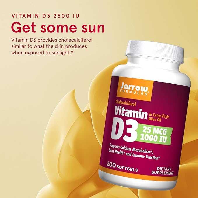 Jarrow Formulas Vitamin D3 25 mcg, Dietary Supplement, Bone and Joint, Support for Immune Health and Calcium Metabolism, 200 Softgels, 200 Day Supply