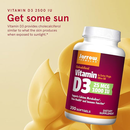 Jarrow Formulas Vitamin D3 25 mcg, Dietary Supplement, Bone and Joint, Support for Immune Health and Calcium Metabolism, 200 Softgels, 200 Day Supply