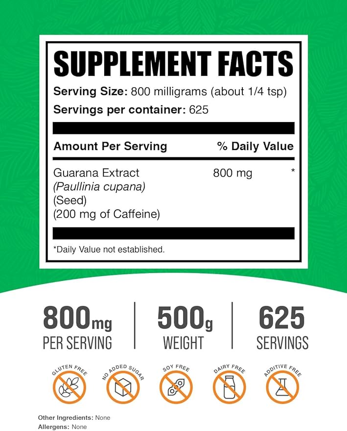 BulkSupplements.com Guarana Extract Powder - Natural Caffeine Supplement, from Guarana Seed, Guarana Powder - Gluten Free, 800mg per Serving, 500g (1.1 lbs) (Pack of 1)