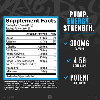 Ryse Loaded Pre Workout Powder Supplement for Men & Women | Pumps, Energy, Focus | Beta Alanine + Citrulline | 390mg Caffeine | 30 Servings (Pink Splash)