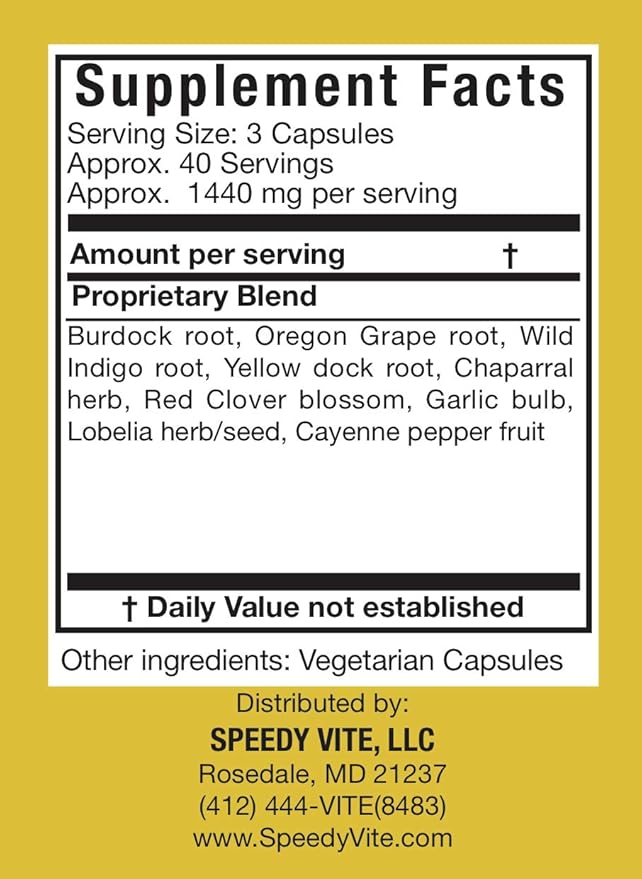 Natural Blood Cleanser Capsules Organic Supplement SpeedyVite® (120 Vegetable Powder Capsules)