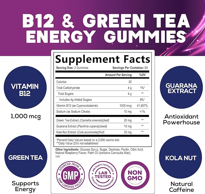 Energy Gummies Vitamin B12, Green Tea Natural Caffeine Support, Extra Strength 1000 mcg Daily Energy Vitamins, Delicious Berry Flavor Gluten Free Chewable Supplement for Cycling & Running - 120 Chews