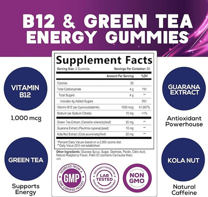 Energy Gummies Vitamin B12, Green Tea Natural Caffeine Support, Extra Strength 1000 mcg Daily Energy Vitamins, Delicious Berry Flavor Gluten Free Chewable Supplement for Cycling & Running - 120 Chews