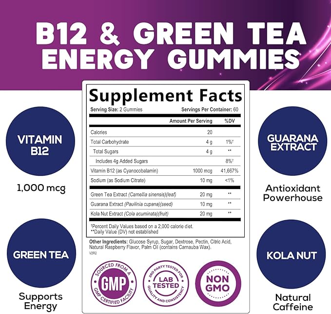 Energy Gummies Vitamin B12, Green Tea Natural Caffeine Support, Extra Strength 1000 mcg Daily Energy Vitamins, Delicious Berry Flavor Gluten Free Chewable Supplement for Cycling & Running - 120 Chews