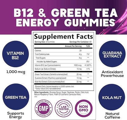 Energy Gummies Vitamin B12, Green Tea Natural Caffeine Support, Extra Strength 1000 mcg Daily Energy Vitamins, Delicious Berry Flavor Gluten Free Chewable Supplement for Cycling & Running - 120 Chews