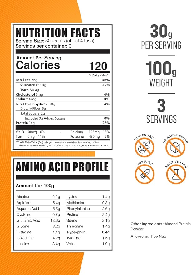 BulkSupplements.com Almond Protein Powder - Plant Based Protein, Flavorless Protein Powder, Almond Powder - Unflavored & Gluten Free, 30g per Serving, 100g (3.5 oz) (Pack of 1)