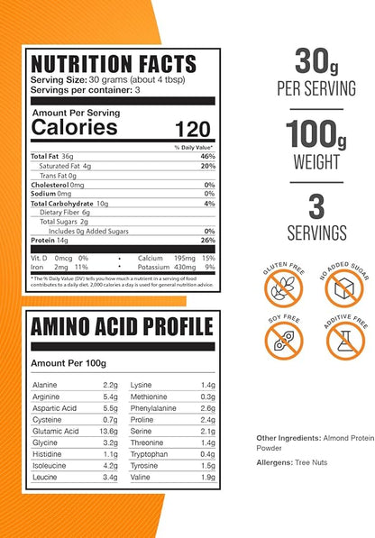 BulkSupplements.com Almond Protein Powder - Plant Based Protein, Flavorless Protein Powder, Almond Powder - Unflavored & Gluten Free, 30g per Serving, 100g (3.5 oz) (Pack of 1)