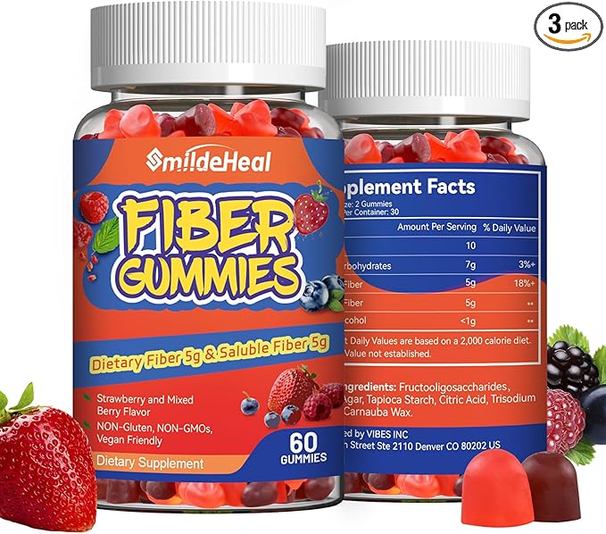 Fiber Gummies, Dietary Fiber, Soluble Fiber, for Women and Men, Gut Health Support, Non-GMOs, Non-Gluten, Vegan, Mixed Berry and Strawberry Flavor, 60 Count Gummies(Pack of 2)