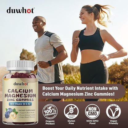 Calcium Magnesium Zinc Gummies for Women, Chewable Calcium Supplement 1000 mg Vitamin D3 & K2, Bone & Nerve Health, Muscle Function, Immune Support & Stress Relief, Blueberry Flavor, 60 Ct