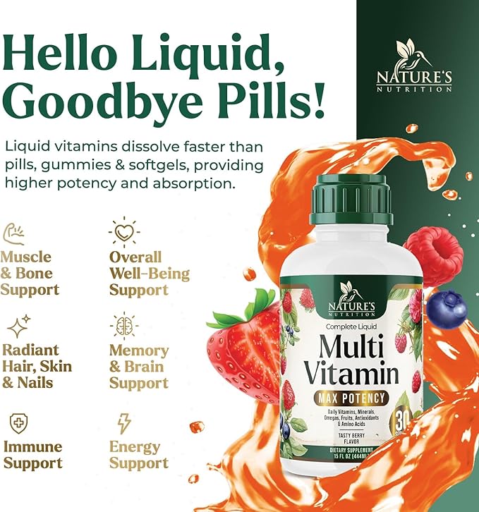 Liquid Multivitamin, Sugar Free Multi Vitamin for Women Men & Kids, Vitamins A, C, D, B-12, Biotin & Zinc for Beauty, Skin Care, Thicker Hair Growth & Wrinkles, Non-GMO, Vegan, Berry Flavor, 15 Fl Oz