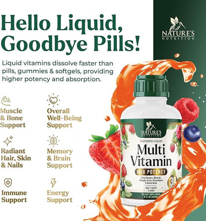 Liquid Multivitamin, Sugar Free Multi Vitamin for Women Men & Kids, Vitamins A, C, D, B-12, Biotin & Zinc for Beauty, Skin Care, Thicker Hair Growth & Wrinkles, Non-GMO, Vegan, Berry Flavor, 15 Fl Oz