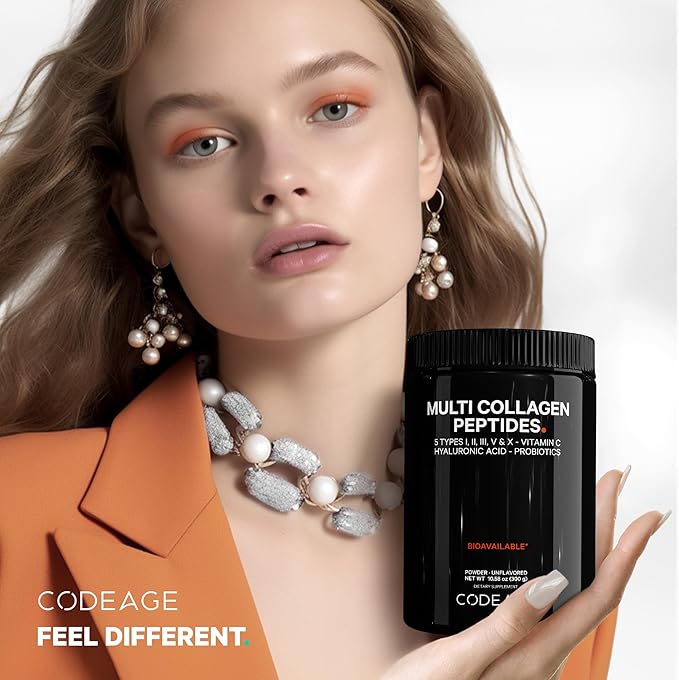 Codeage Multi Collagen Peptides Powder + Probiotics Black Edition, Vitamin C, Hyaluronic Acid Powder Supplement, Grass-Fed, Hydrolyzed, Zero Carbs, Type I, II, III, V & X, Unflavored, 10.58oz