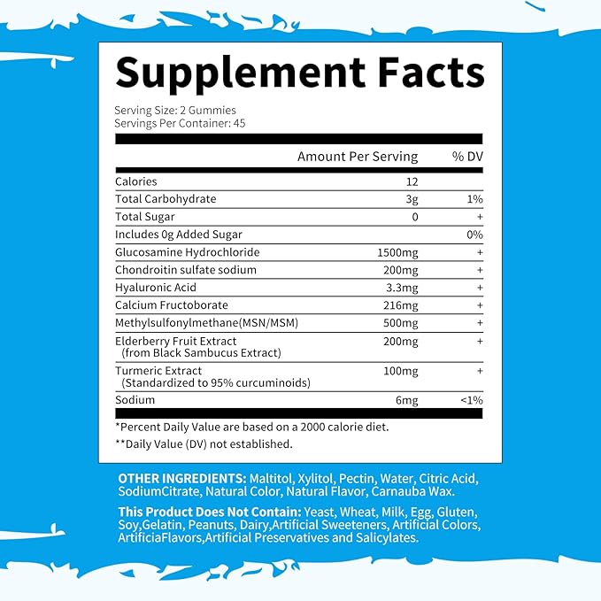 Glucosamine Chondroitin Gummies - Extra Strength Joint Support Supplement with MSM & Elderberry for Natural Joint, Antioxidant Immune Support for Adults, Men & Women 90 Blueberry Gummies