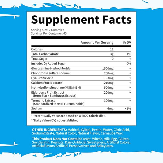 Glucosamine Chondroitin Gummies - Extra Strength Joint Support Supplement with MSM & Elderberry for Natural Joint, Antioxidant Immune Support for Adults, Men & Women 90 Blueberry Gummies