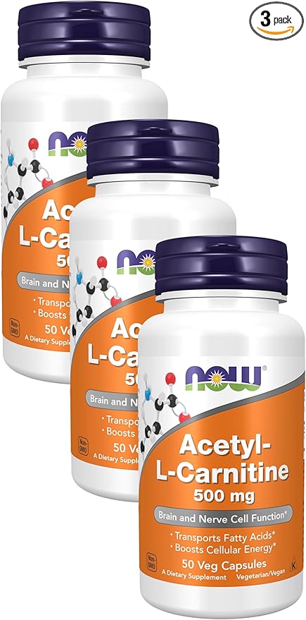 NOW Supplements, Acetyl-L Carnitine 500 mg, Amino Acid, Brain and Nerve Cell Function*, 50 Veg Capsules (Pack of 3)