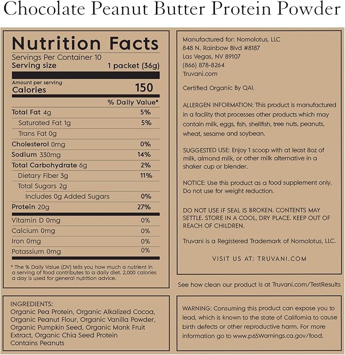 Truvani Vegan Pea Protein Powder | Chocolate Peanut Butter | 20g Organic Plant Based Protein | 10 Travel Packets | Keto | Gluten & Dairy Free | Low Carb | No Added Sugar