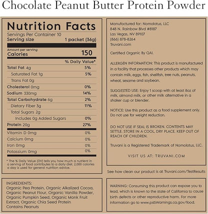 Truvani Vegan Pea Protein Powder | Chocolate Peanut Butter | 20g Organic Plant Based Protein | 10 Travel Packets | Keto | Gluten & Dairy Free | Low Carb | No Added Sugar