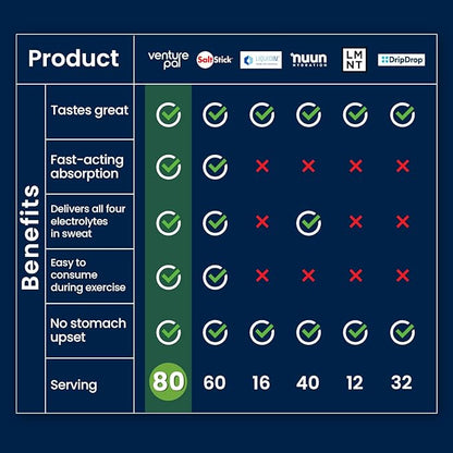 Venture Pal Chewable Electrolyte Tablets, Fast-Dissolve Sugar-Free Stick Salt Tablets - Variety Pack for Rapid Hydration, Outdoor Running, Hiking, Sports | Keto & Vegan Friendly | 80 Count (4 Pack)