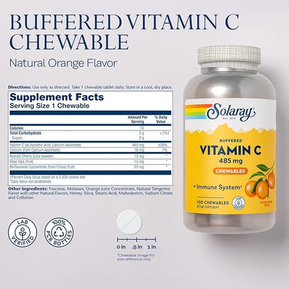 SOLARAY Chewable Vitamin C with Rose HIPS and Acerola Cherry - Buffered Vitamin C for Gentle Digestion - Immune Support Supplement - Natural Orange Flavor, 60-Day Guarantee, 100 Serv, 100 Chewables