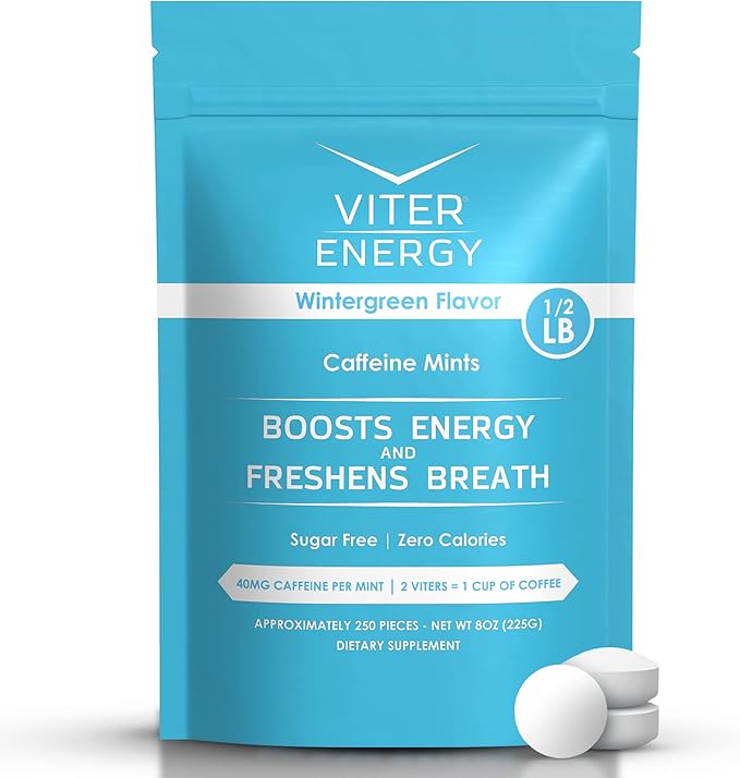 Viter Energy Caffeinated Mints 40mg Caffeine, B Vitamins, Sugar Free. (Wintergreen, 8oz, Bulk Bag)
