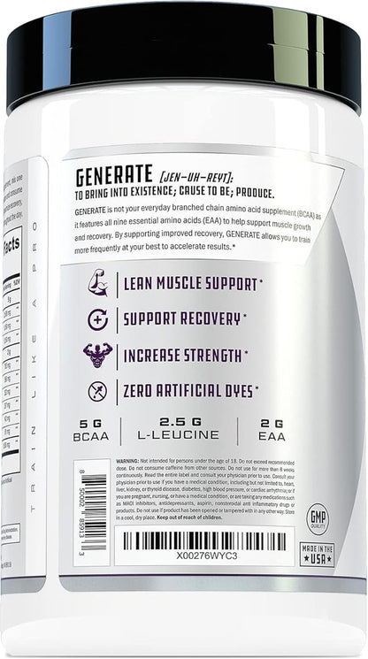 Generate EAA and BCAA Powder: Best Post Workout Recovery Drink and Branched Chain Amino Acids Supplement with Essential Amino Acids, 5g BCAAs, 2g EAAs | BlackBerry Lemonade, 30 Servings