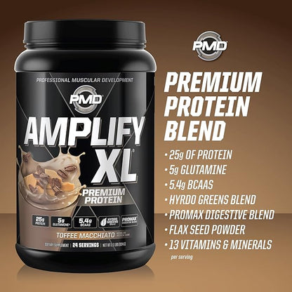 PMD Sports Amplify XL Premium Whey Protein Supplement Hydro Greens Blend - Glutamine and Whey Protein Matrix with Superfood for Muscle, Strength and Recovery - Toffee Macchiato (24 Servings)