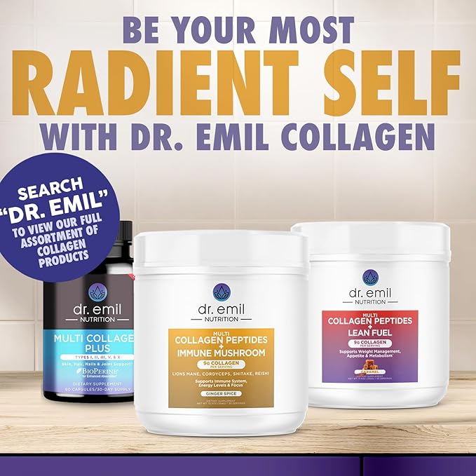 DR. EMIL NUTRITION Collagen Peptides Powder Plus Immune Mushroom Blend - Collagen Powder for Women with Lions Mane & Reishi Mushroom Powder for Immunity - Collagen Supplements for Hair, Skin & Nails
