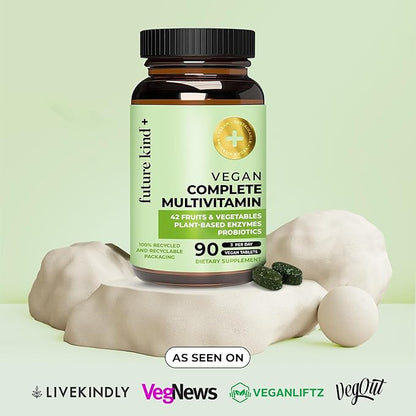 Future Kind Vegan Multivitamins Complete (90tabs in Recycled Bottle) - 42-in-1 Vegan Multivitamins for Women & Men - Multivitamin w Enzymes & Probiotics for Digestion - Vegan Vitamins w B12 & Zinc