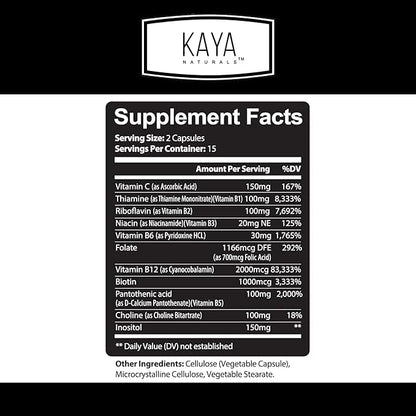 Kaya Naturals B-12 Complex | Multivitamin Supplement for Women & Men Energy and Metabolism Booster | B-Complex Vitamin with Biotin, Choline, Inositol, Folate, and Vitamin C - 30 Capsules
