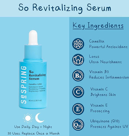 So Revitalizing Multivitamin Face Serum Korean Skincare, For Skin Brightening and Hydrating, with Camella, Lotus, Vitamins B3, C, E, and Q10, No Paraben, Cruelty Free, 40 ml/1.35 oz