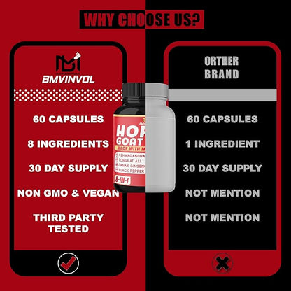 BMVINVOL Horny Goat Weed Capsules with Tribulus, Ginseng, Ashwagandha, Maca, Tongkat Ali, Nettle, Black Pepper - 60 Count