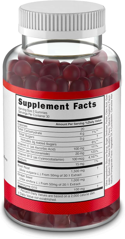 Extreme Beetroot Formula & COQ10 100mg with Grape Seed Extract, for Circulation Energy & Flow, 1500mg Beet Root Gummies Extract Gluten Free 60