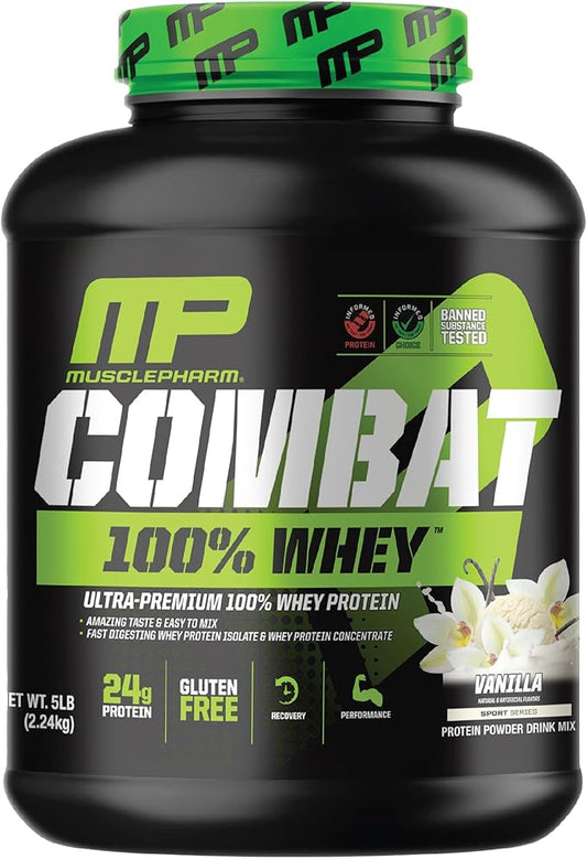 MusclePharm Combat 100% Whey Protein Powder, Vanilla Flavor, Fast Recovery & Muscle Gain with Whey Protein Isolate, High Protein Powder for Women & Men, Gluten Free, 5 lb, 70 Servings