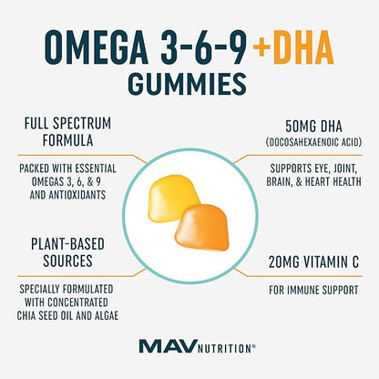 Omega 3 6 9 + DHA Gummies | Plant-Based Triple Omegas from Algae & Chia Seed Oil | with 50mg of DHA | Vegetarian, Non-GMO, Gluten-Free, Essential Fatty Acid Supplements for Adults | 60 Gummies