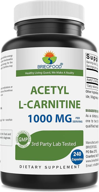Brieofood Acetyl L-Carnitine 1000 mg Per Serving- 240 Capsules. Gluten-Free, Non-GMO.