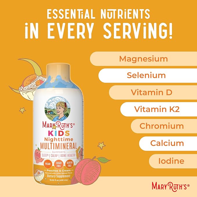 Kids Liquid Nighttime Multimineral by MaryRuth's | Kids Vitamins | Bone Health | Calm Calcium Magnesium Supplement | Vegan | Sugar Free | 30-180 Servings | 15.22 fl oz