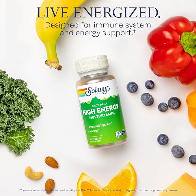 SOLARAY Once Daily High Energy Multivitamin, Iron Free, Immune System and Energy Support, Whole Food and Herb Base Ingredients, Men’s and Women’s Multi Vitamin, 60 Servings, 60 VegCaps
