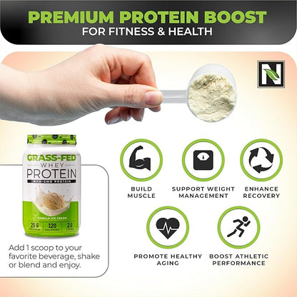 Nutrology Grass Fed Whey Protein Powder, Vanilla Ice Cream Flavor, Supports Lean Muscle Recovery & Performance, Cold Processed Grass Fed Whey and Amino Acid Powder, Shake, Blend or Bake, 28 Servings