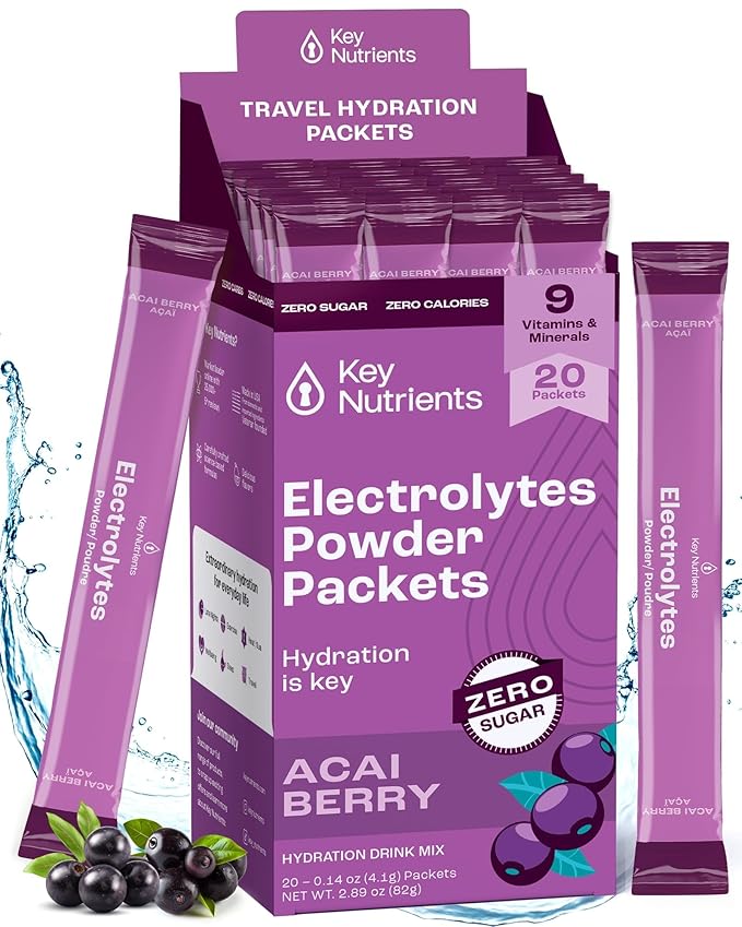 KEY NUTRIENTS Multivitamin Electrolytes Powder Packets - Delicious Acai Berry 20 Pack Hydration Packets - Travel Hydration Powder - No Sugar, No Calories, Gluten Free - Made in USA
