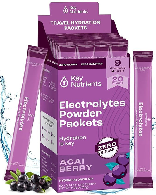 KEY NUTRIENTS Multivitamin Electrolytes Powder Packets - Delicious Acai Berry 20 Pack Hydration Packets - Travel Hydration Powder - No Sugar, No Calories, Gluten Free - Made in USA