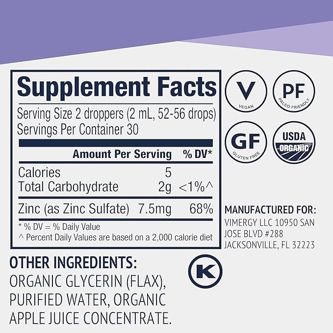 Vimergy Organic Liquid Zinc, Travel Size - 27 Servings – Alcohol Free Zinc Sulfate – Supports Immune Health & Metabolism – Antioxidant – Gluten-Free, Non-GMO, Kosher, Vegan & Paleo Friendly (55 ml)