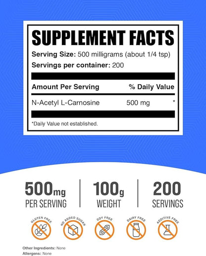 BulkSupplements.com N-Acetyl L-Carnosine Powder - Carnosine Supplement, N-Acetyl Carnosine 500mg - Gluten Free, 500mg per Serving, 100g (3.5 oz) (Pack of 1)