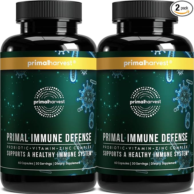 Primal Harvest Primal Immune Defense 10 in 1 Immune Support Supplement 60 Capsules Immune Vitamins, with 7 Billion CFU Pre and Probiotics, Zinc, VIT C, B6, D3, K2 - Immune Boosters for Adults