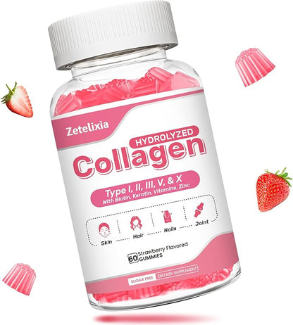 Sugar Free Collagen Gummies for Women Men, 5000mg Hydrolyzed Collagen Peptide I,II,III,V,X with 15000mcg Biotin, Keratin, Vitamin C A B D E for Skin Hair Nails Joints, Immunity Energy Digestion