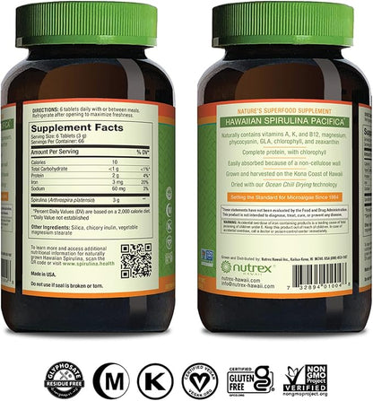 Nutrex Hawaii, Pure Hawaiian Spirulina 500 mg, Vegan, Supports Immune System, Heart, Cells and Energy, 400 Tablets