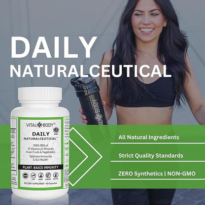 Daily Naturalceutical 100% RDA of 21 Vitamins & Minerals from Fruits & Vegetables + PreBiotics, Postbiotics, & Enzymes | Plant Based Immunity - Daily Multivitamin