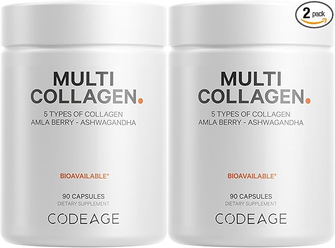 Codeage Multi Collagen Peptides Protein Capsules, 5 Collagen Types, Grass-Fed & Hydrolyzed Bovine Collagen Pills Supplement, Ashwagandha, Amla Berry Vitamins, Collagen Peptides - 2-Pack