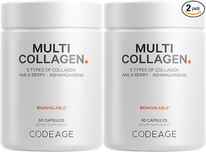 Codeage Multi Collagen Peptides Protein Capsules, 5 Collagen Types, Grass-Fed & Hydrolyzed Bovine Collagen Pills Supplement, Ashwagandha, Amla Berry Vitamins, Collagen Peptides - 2-Pack