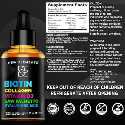 Liquid Biotin Drops with Collagen Vitamin D3 Saw Palmetto & Hyaluronic Acid for Hair Skin and Nails, Hair Growth Supplement for Men & Women | Non-GMO | Gluten-Free