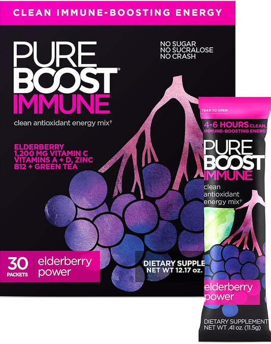 Pureboost Immune Clean Energy Booster, Refreshing Energy Drink Mix and Immunity Supplement with Elderberry, 1,200 mg Vitamin C, Vitamins A + D, and Zinc. Sugar-Free Energy (Elderberry Power, 30 Count)